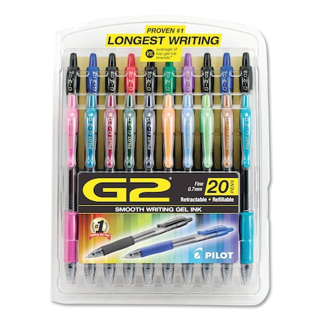 Pilot G2 Premium Gel Pen Convenience Pack, Retractable, Fine 0.7 mm, Assorted Ink and Barrel Colors, PK20 72838